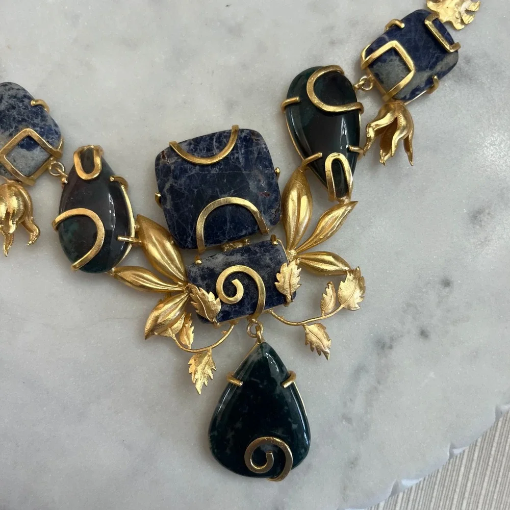 Gemstone Statement Necklace Sodalite Gold Tone‎ Floral Bib Grecian Boho Jewelry